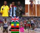 Βάθρο στίβου ανδρών 5.000 μ, Mohamed Farah (Ηνωμένο Βασίλειο), Dejen Gebremeskel (Αιθιοπία) και Thomas Longosiwa (Κένυα), Λονδίνο 2012